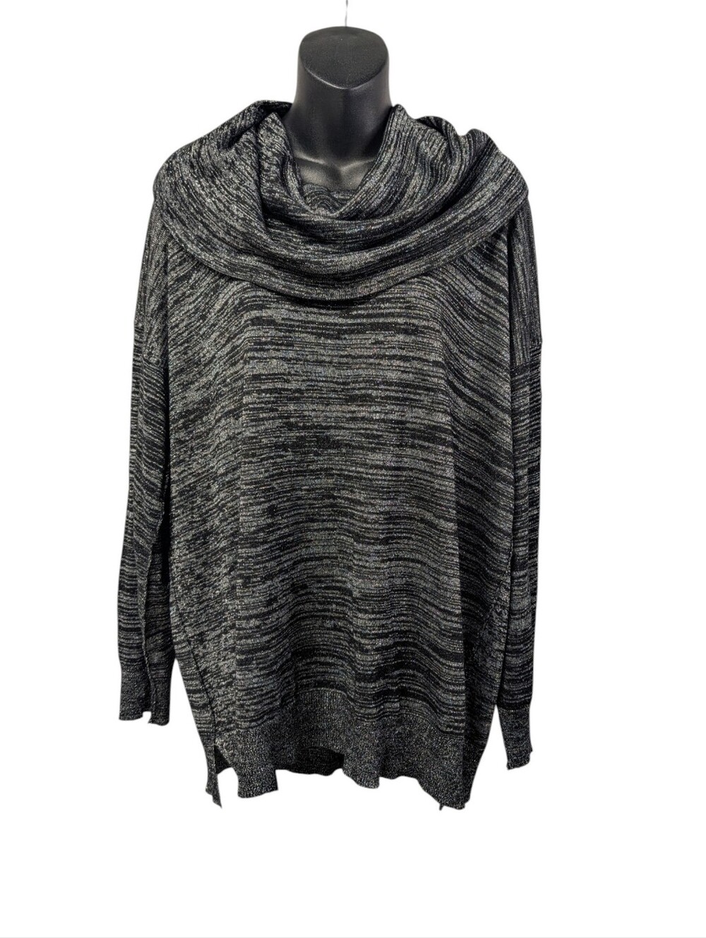 Cupio Women's Plus Size 1X Black Metallic Sparkle Cowl Neck Tunic Sweater